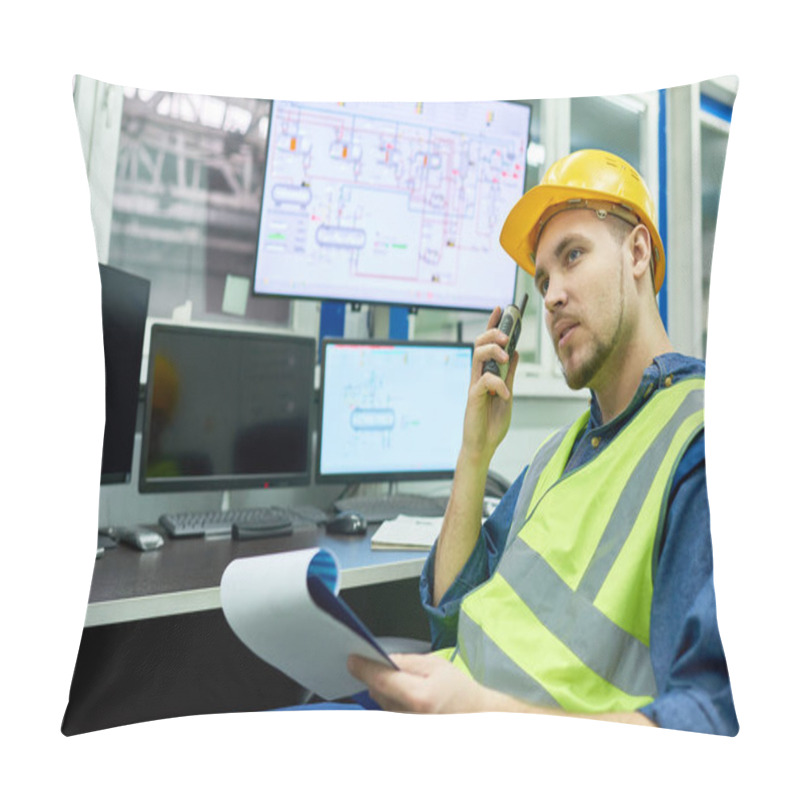 Personality  Portrait Of Young Man  Wearing Hardhat Overseeing Plant Production Process While Sitting At Desk In Office And Giving Instructions By Walkie-talkie, Copy Space Pillow Covers