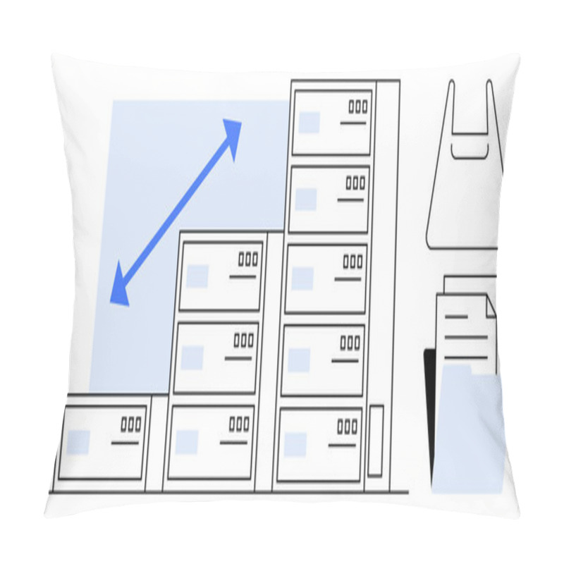 Personality  Server Stacks Of Varying Sizes Show Growth With Arrows. Folder And File Icons On The Right Side. Ideal For Data Growth, Digital Management, Technology Advancements, Information Storage, Business Pillow Covers