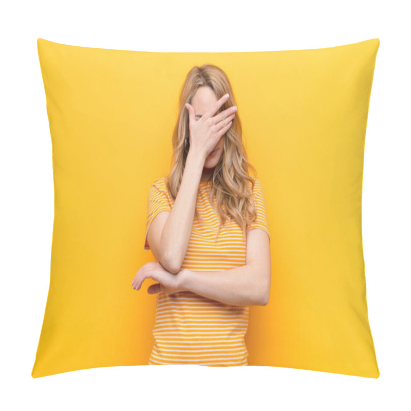 Personality  Young Pretty Blonde Woman Looking Stressed, Ashamed Or Upset, With A Headache, Covering Face With Hand Against Flat Color Wall Pillow Covers