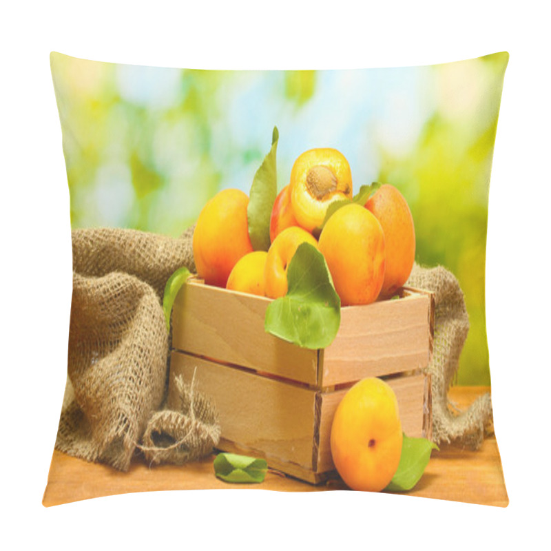 Personality  Ripe Apricots With Leaves In Wooden Box On Wooden Table On Green Background Pillow Covers