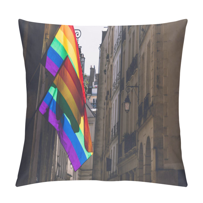 Personality  LGBTQ Flags On Old Building In Paris During Pride. Transgender Pride Flag Pillow Covers