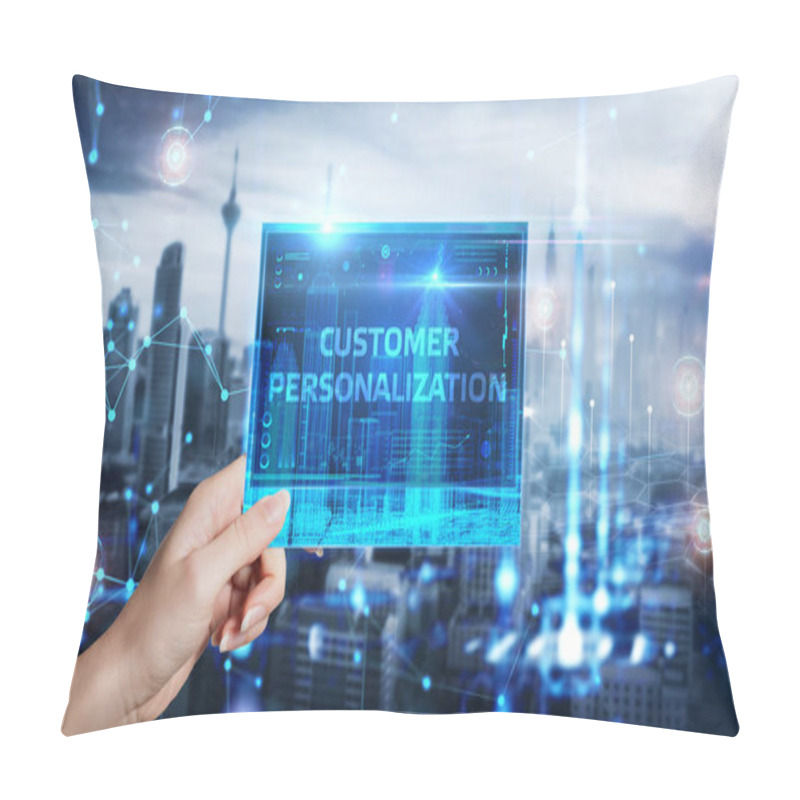 Personality  Business, Technology, Internet And Network Concept. Young Businessman Shows The Word On The Virtual Display Of The Future: Customer Personalization Pillow Covers