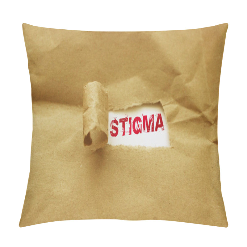 Personality  Word Stigma In Red Letters Message Written Under Torn Brown Package Paper. Pillow Covers