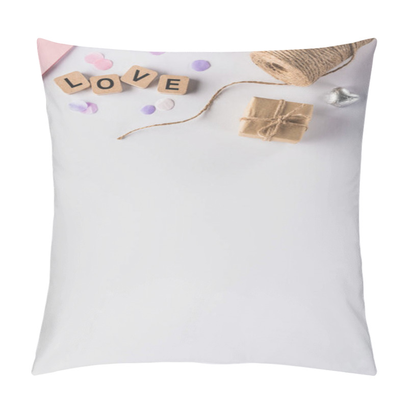 Personality  Top View Of Valentines Decoration, Gift, Twine And Love Lettering On Cubes On White Background Pillow Covers