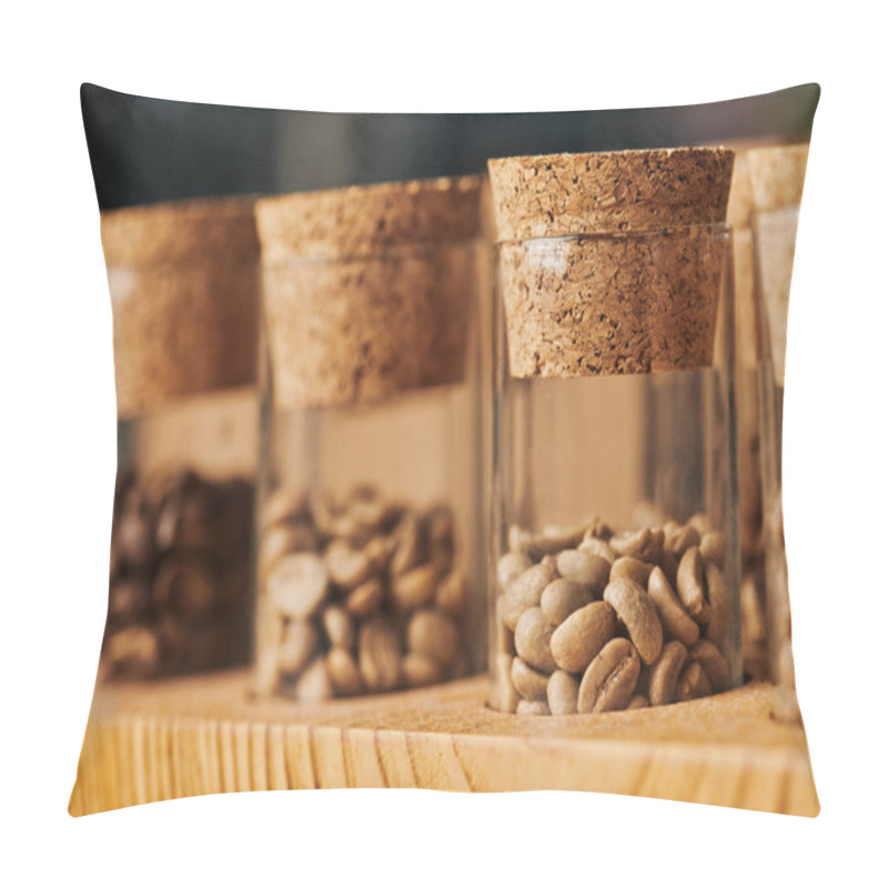 Personality  Brown Coffee Beans In Glass Jars With Cork, Roasted, Caffeine And Energy, Coffee Background, Blur  Pillow Covers