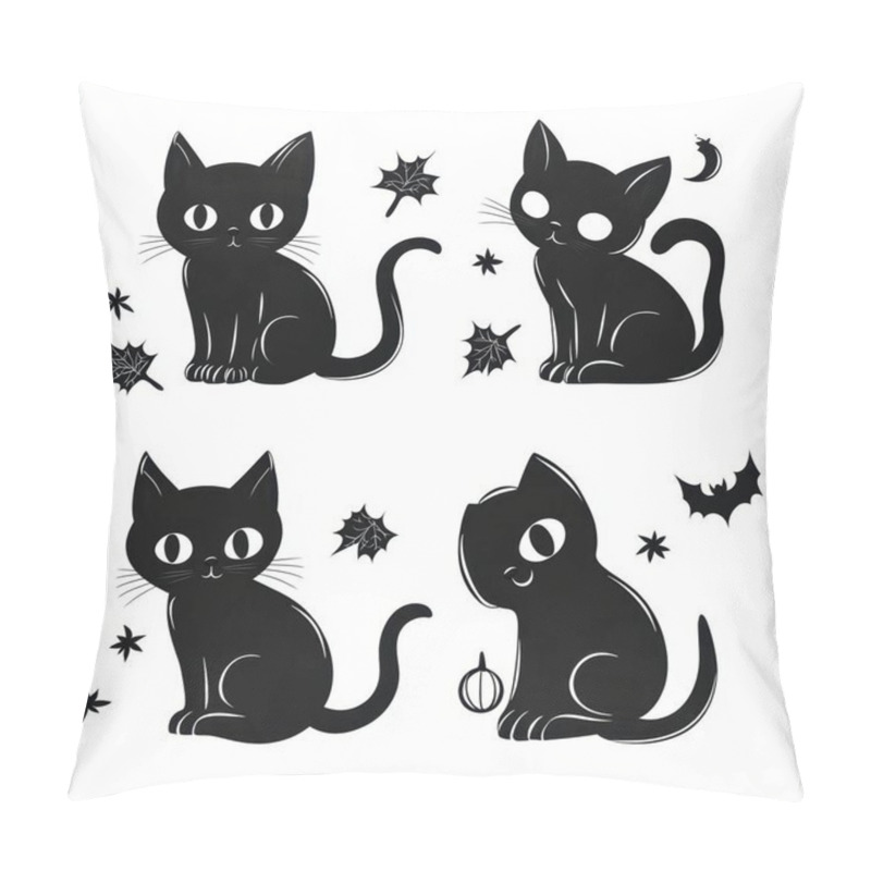 Personality  Four Playful Black Kittens With Expressive Eyes And Whimsical Decorations, Perfect For Halloween-themed Designs. Pillow Covers