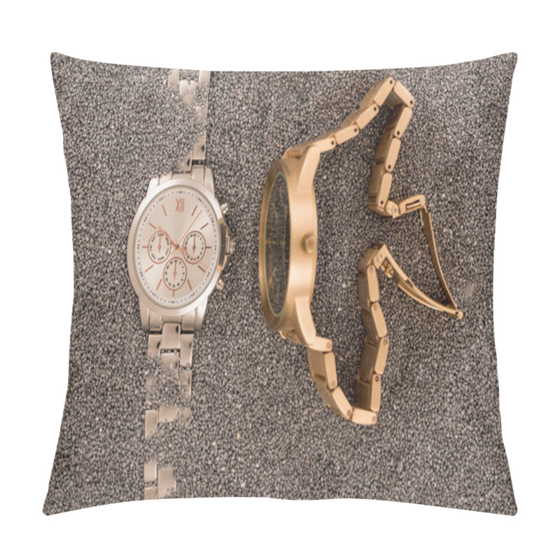 Personality  Top View Of Wristwatches Lying On Golden Sand  Pillow Covers