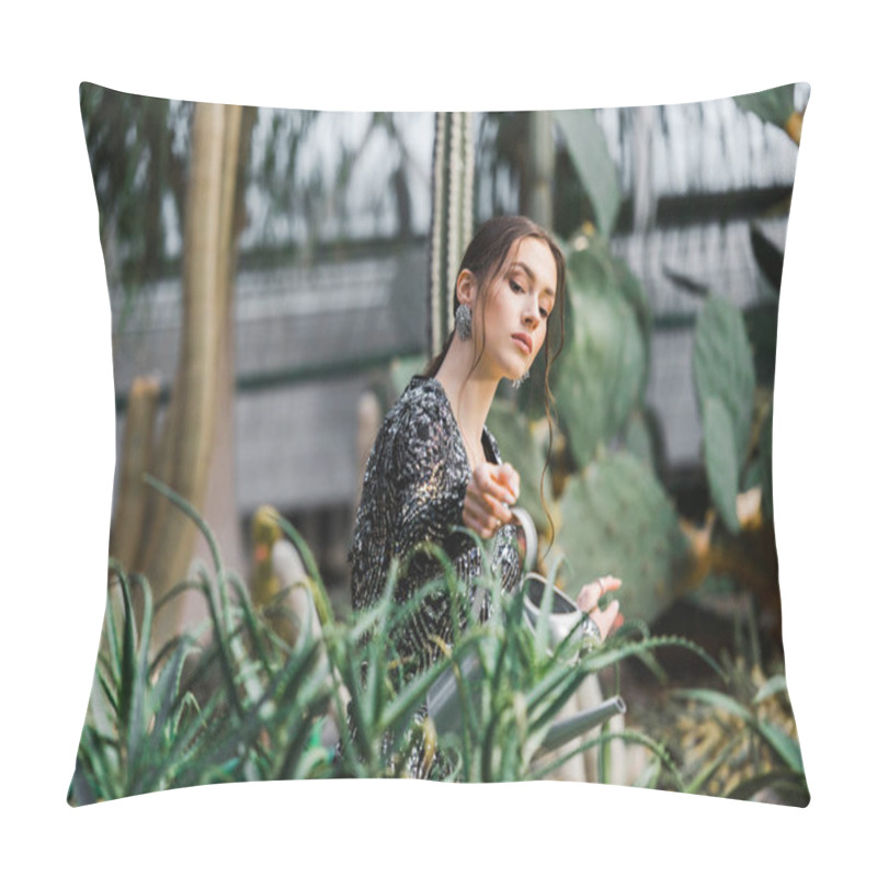 Personality  Attractive Pensive Young Woman Watering Green Plants In Orangery Pillow Covers