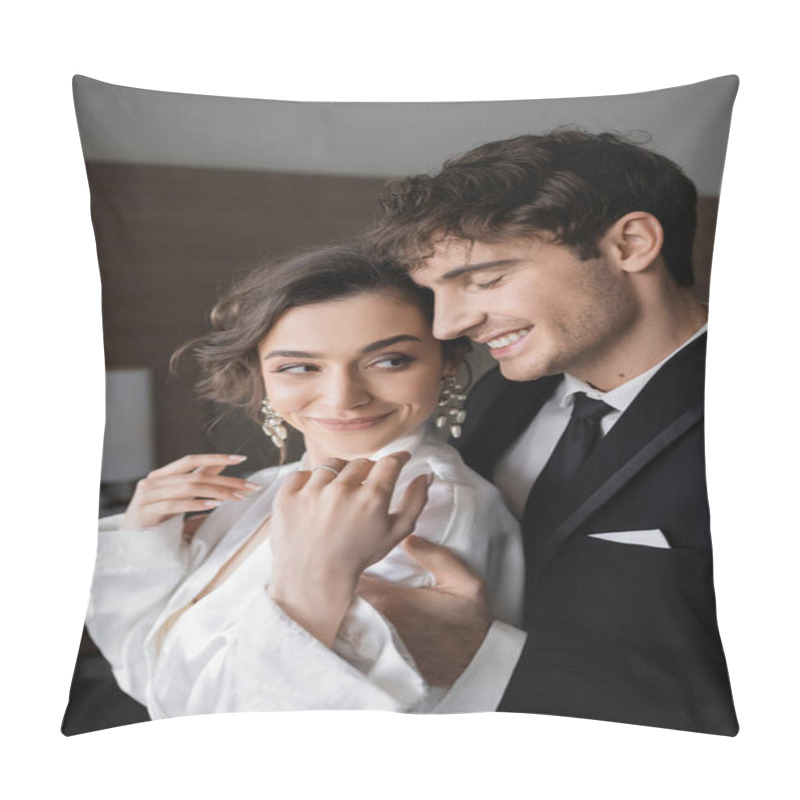 Personality  Groom With Closed Eyed In Classic Black Suit Embracing Happy Young Bride In Jewelry And White Wedding Dress While Standing Together In Modern Hotel Room During Their Honeymoon, Newlyweds  Pillow Covers