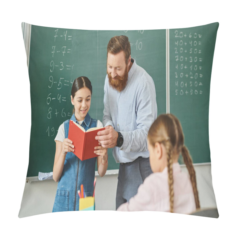 Personality  A Man Teacher Sharing A Book With A Young Girl In A Colorful Classroom Filled With Students Eagerly Listening To The Story. Pillow Covers