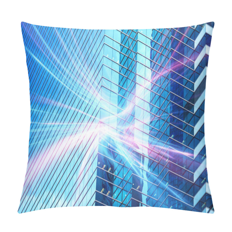 Personality  A Modern Skyscraper With Blue Glass Facade. Streaks Of Light Extend From The Building, Symbolizing Energy And Connection. Pillow Covers