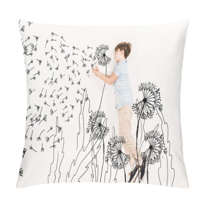 Personality  Top View Of Kid Blowing Dandelion Seeds While Flying On White  Pillow Covers