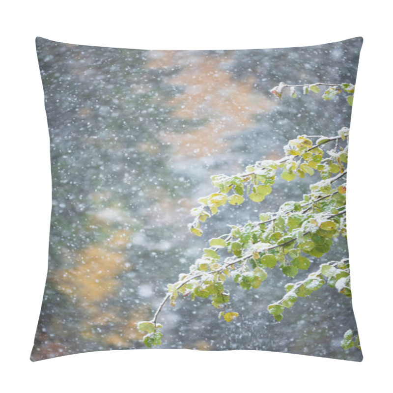 Personality  Autumn Leaves Of Aspen Tree Covered With Snow Pillow Covers