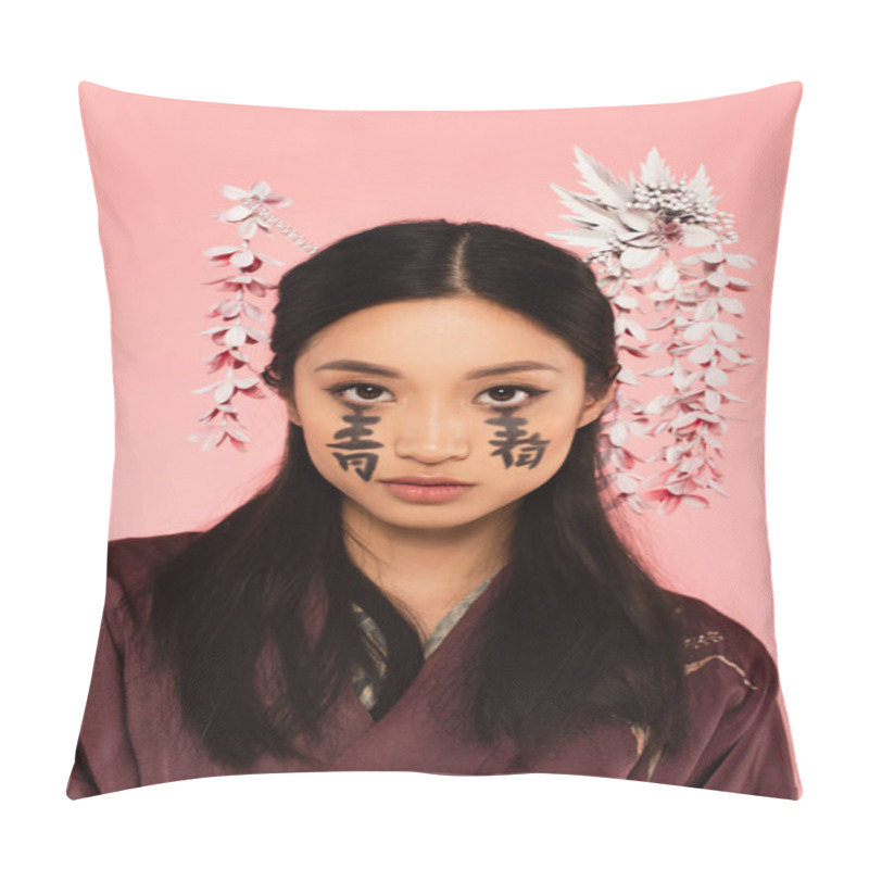 Personality  Pretty Japanese Woman With Traditional Hairdo And Hieroglyphs On Face Isolated On Pink  Pillow Covers