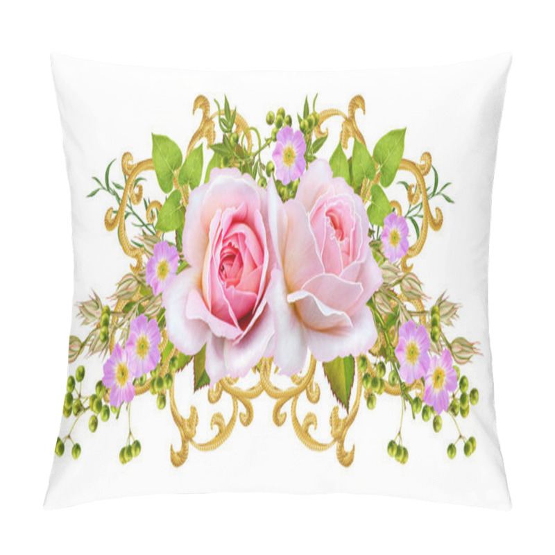 Personality  Golden Textured Curls. Oriental Style Arabesques. Brilliant Lace, Stylized Flowers. Openwork Weaving Delicate. Garland Of Delicate Pink Roses, Green Leaves, Branches With Berries. Pillow Covers