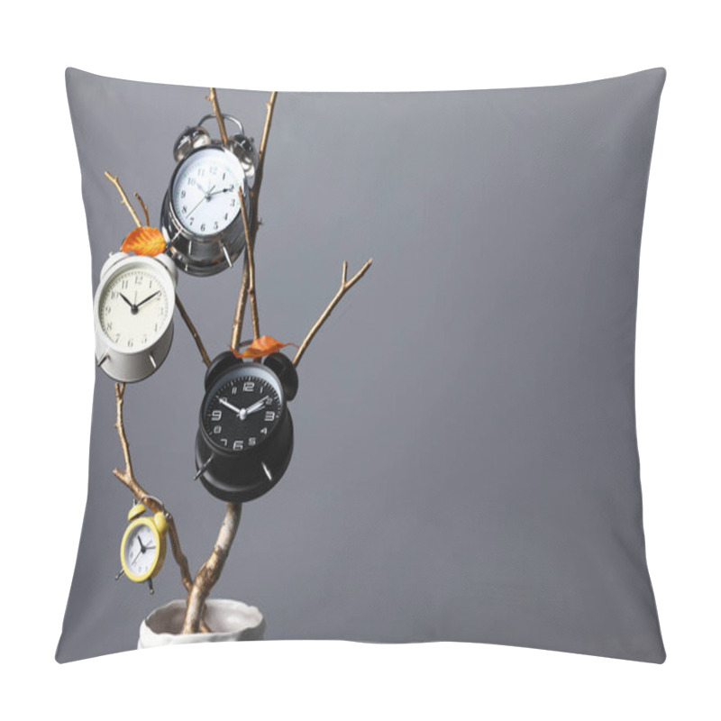 Personality  Vase With Alarm Clocks, Branch And Dry Leaves On Light Grey Background, Space For Text Pillow Covers