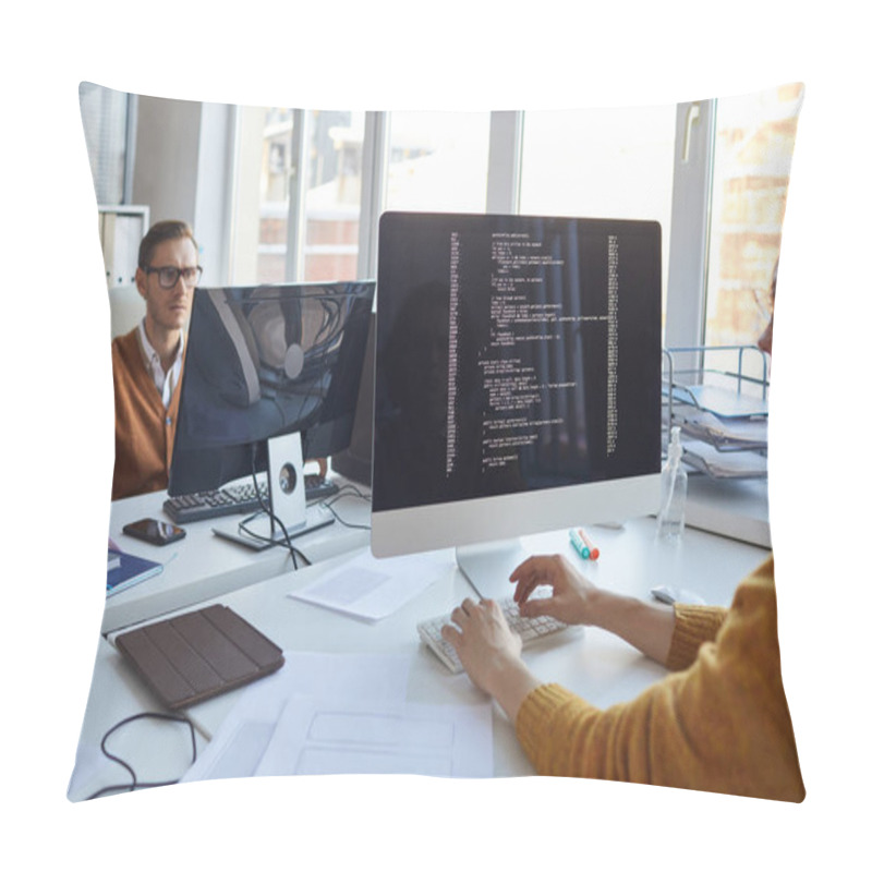 Personality  Close Up Of IT Developer Writing Code On Computer Screen While Collaborating On Project With Team Of Software Designers, Copy Space Pillow Covers