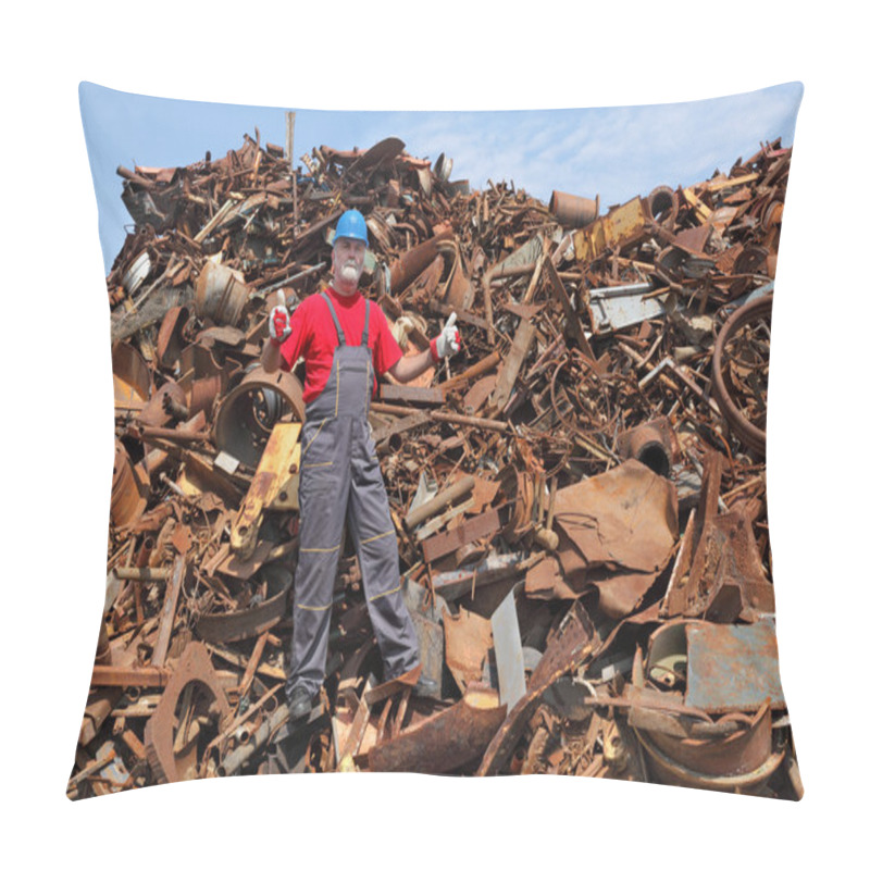 Personality  Recycling Industry, Worker Gesture At Heap Of Old Scrap Metal Pillow Covers