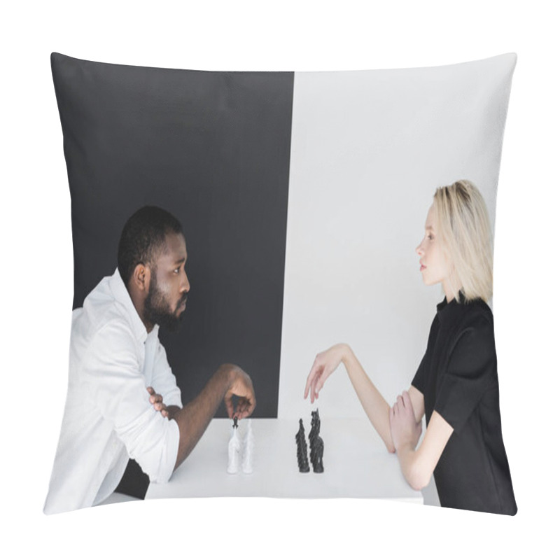 Personality  Side View Of African American Boyfriend And Blonde Girlfriend Playing Chess Pillow Covers