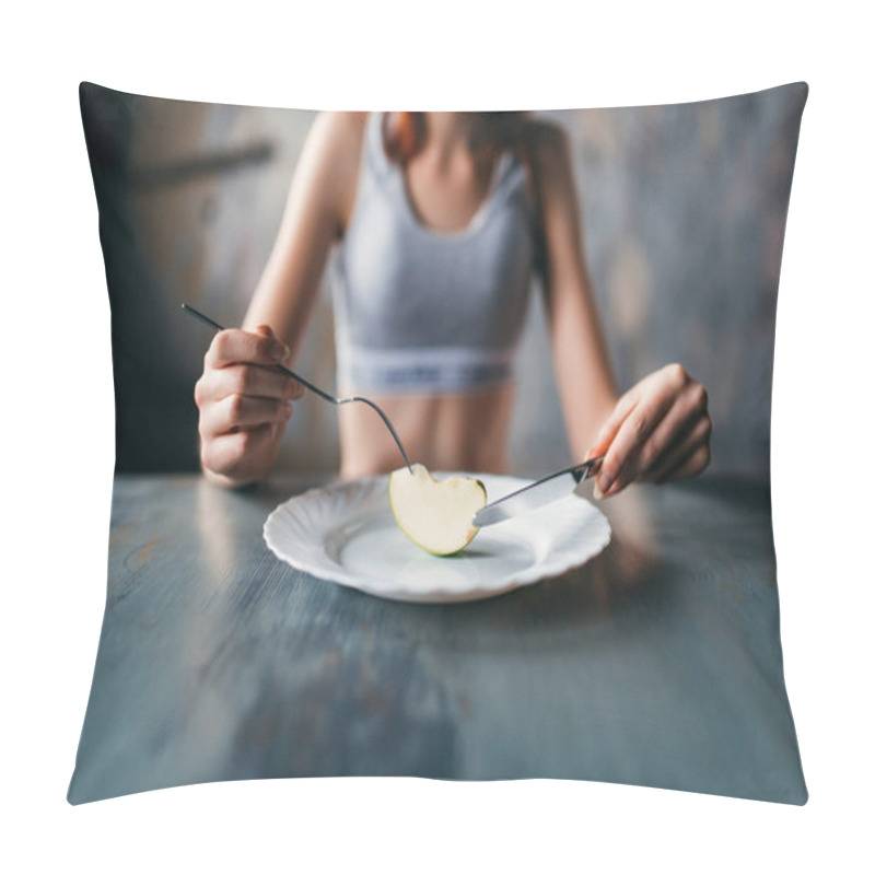 Personality  Woman Against Plate With  Slice Of Apple, Weight Loss Diet Concept Pillow Covers