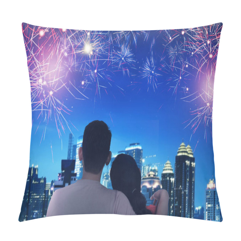 Personality  Rear View Of Asian Couple Watch The Fireworks On The City Pillow Covers