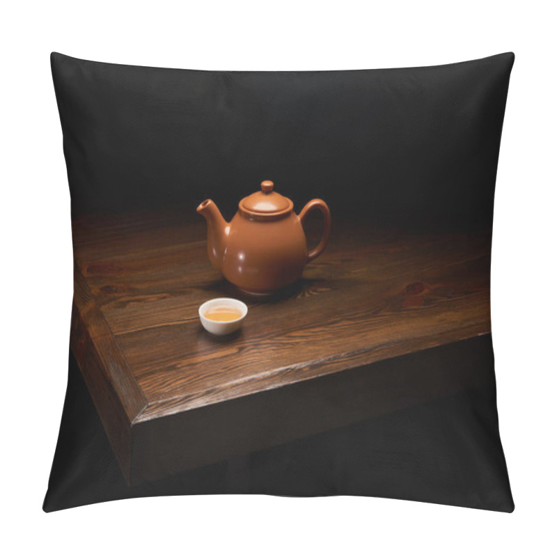 Personality  Pot With Traditional Chinese Tea And Cup On Wooden Table Isolated On Black Pillow Covers