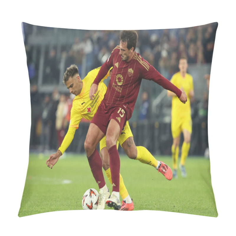 Personality  Rome, Italy 12.12.2024:  Andre Horta Of Braga, Mats Hummels Of Roma  During The Uefa Europa League 2024-2025, Day 6, Football Match Between AS Roma Vs SC Braga At Olympic Stadium In Rome. Pillow Covers