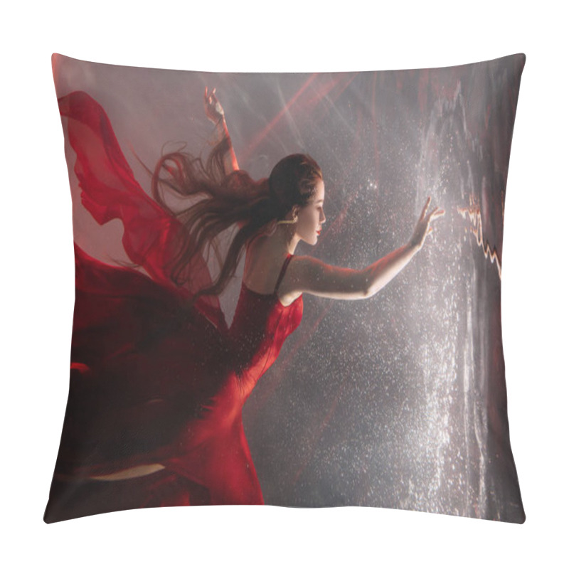 Personality  Fantasy Mystery Woman Swims Underwater Touches Magic Light Mirror, Looks Into Reflection. Fairy Tale Beauty Girl Princess Sleeping Soars Floating In Dream Dark Water. Art Ballerina Dancing Red Dress. Pillow Covers