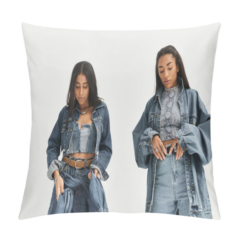 Personality  Two Fashionable Young Women Flaunt Stylish Denim Ensembles, Exuding Confidence And Charm. Pillow Covers