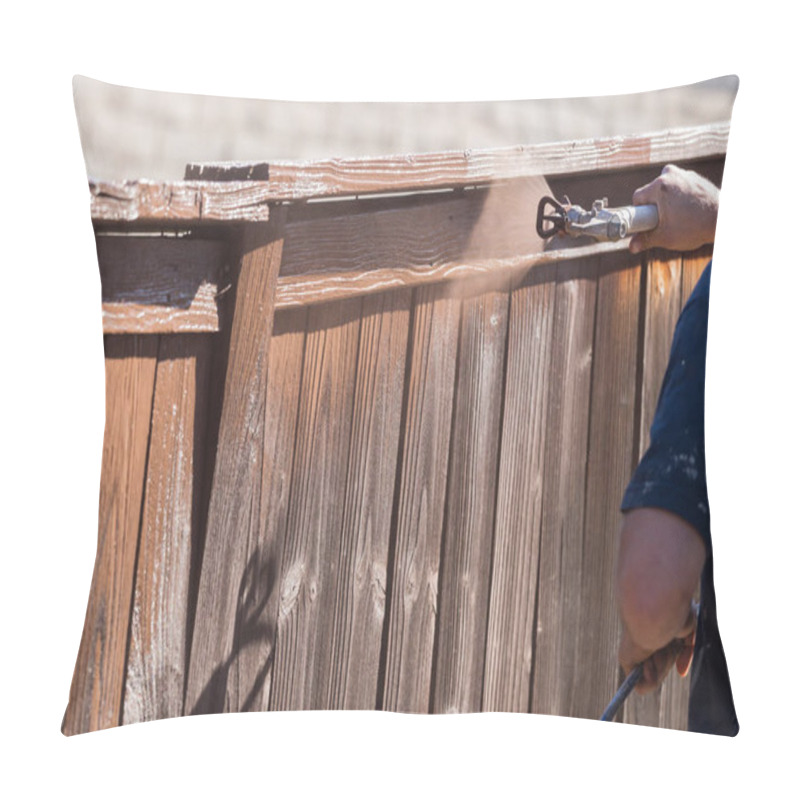 Personality  Professional Painter Spraying House Yard Fence With Wood Stain. Pillow Covers