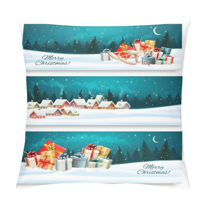 Personality  Three Christmas Festive Banners With Landscapes And Gift Boxes.  Pillow Covers