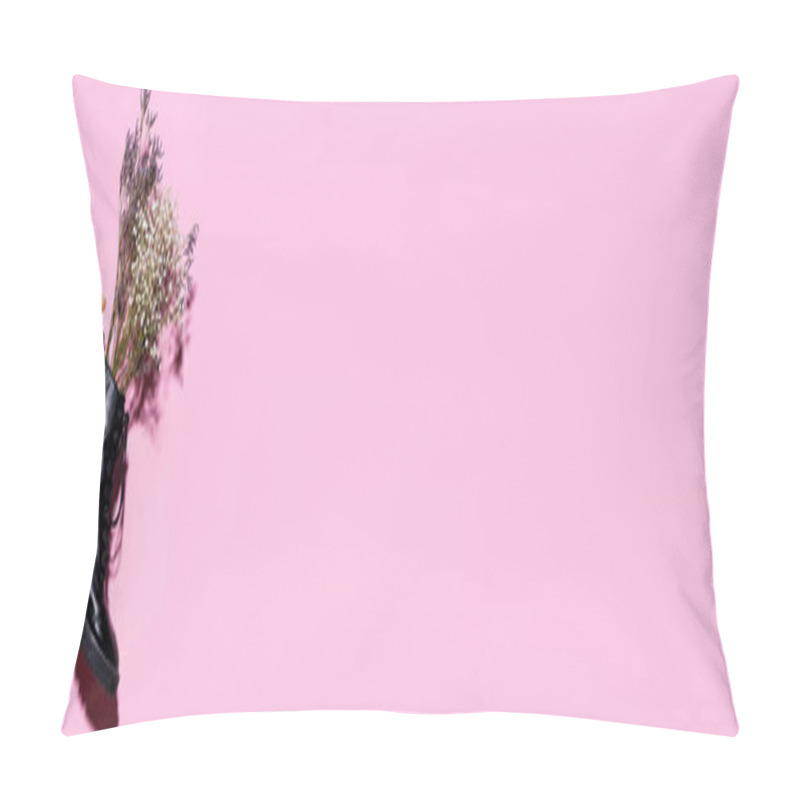 Personality  Cropped View Of Woman Holding Black Boot With Wildflowers On Pink Background, Banner Pillow Covers