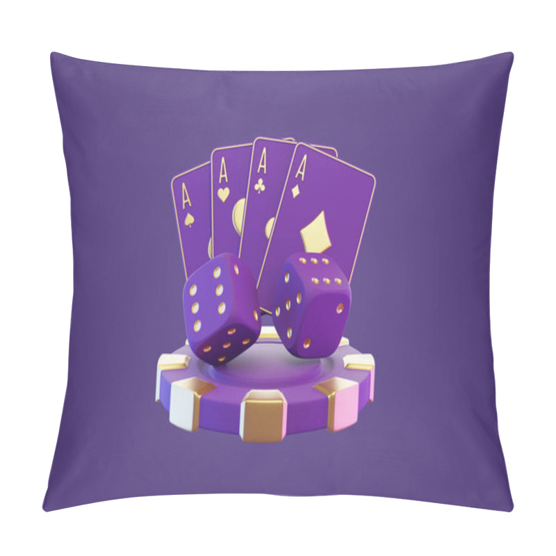 Personality  A Stylish Purple And Gold Casino Set Featuring Playing Cards, Dice, And A Poker Chip, Symbolizing Gambling And Luxury. 3D Render Illustration Pillow Covers