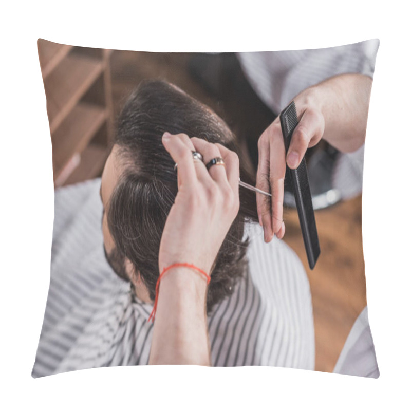 Personality  High Angle View Of Barber Cutting Hair Of Customer With Scissors Pillow Covers