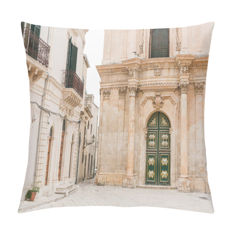 Personality  SCICLI, ITALY - OCTOBER 3, 2019: Baroque Facade Of San Michele Arcangelo Church  Near Buildings In Italy  Pillow Covers