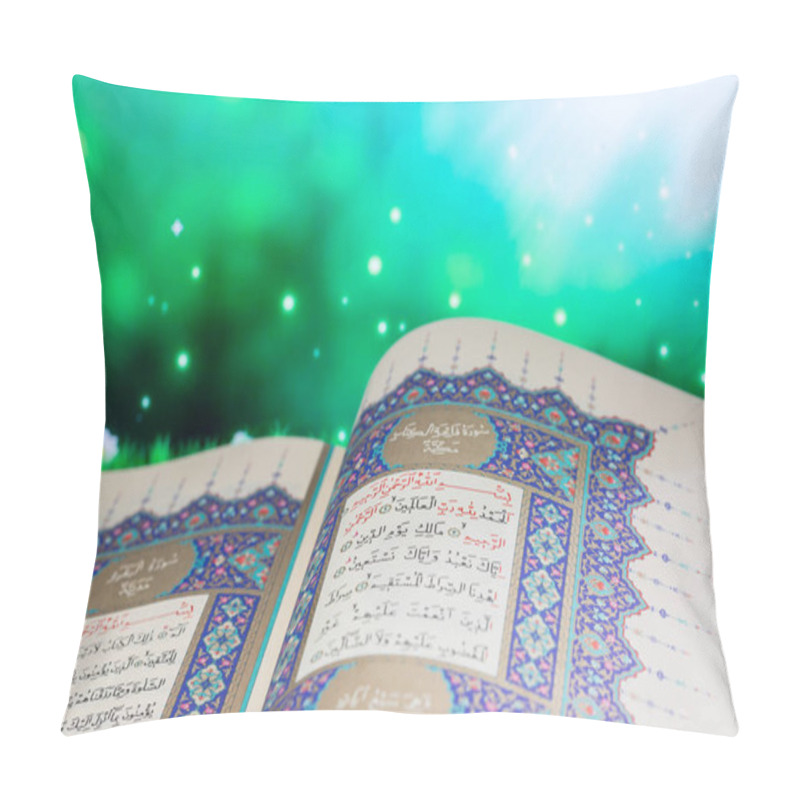 Personality  Opening Pages Of Holy Book Qur'an With Green Lights Background Pillow Covers