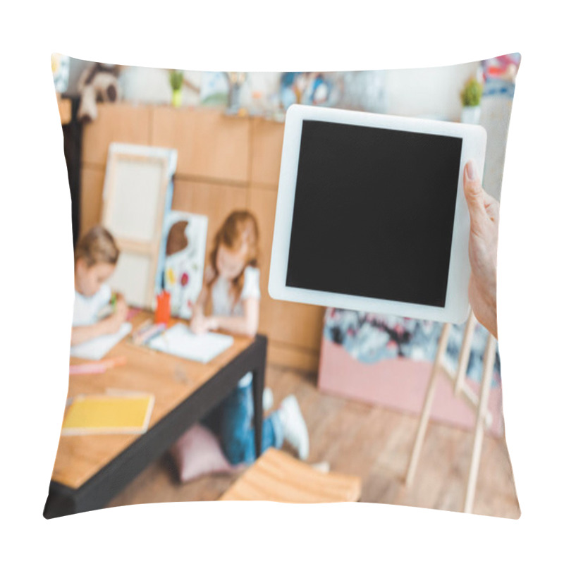 Personality  Cropped View Of Woman Holding Digital Tablet With Blank Screen Near Kids  Pillow Covers