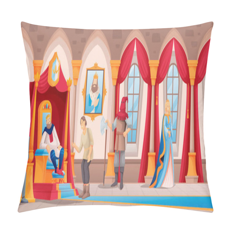 Personality  Royal People In Castle Scene. King Sitting On Throne, Queen Walking, Hangman With Axe, Knight With Sword In Kingdom Vector Illustration. Hall Room Interior Design, Horizontal View Pillow Covers