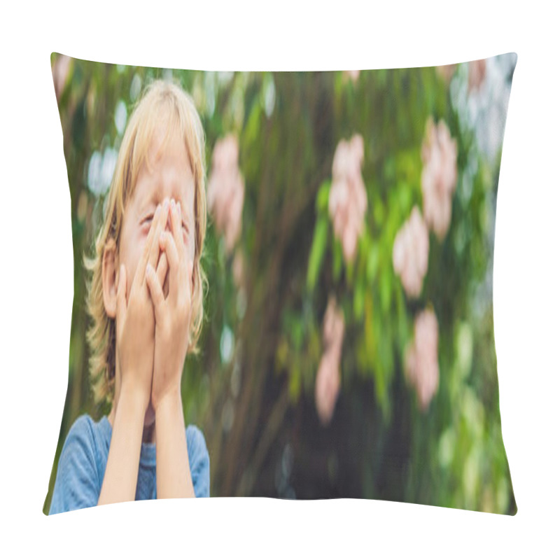 Personality  Boy Blowing Nose In Front Of Blooming Tree. Spring Allergy Concept. Childrens Allergies BANNER, LONG FORMAT Pillow Covers