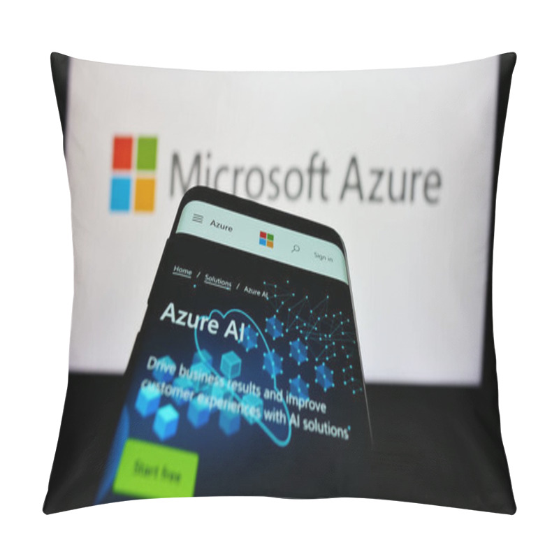 Personality  Stuttgart, Germany - 07-11-2023: Mobile Phone With Webpage Of Cloud Computing Platform Microsoft Azure On Screen In Front Of Business Logo. Focus On Top-left Of Phone Display. Pillow Covers