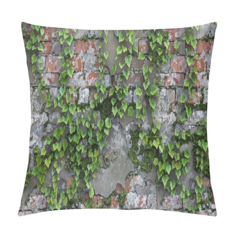 Personality  A Vibrant Green Ivy Covering An Aged Brick Wall, Showcasing Nature's Resilience Against Urban Structures. Pillow Covers