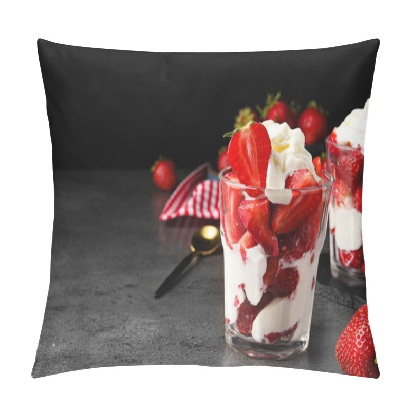 Personality  Delicious Strawberries With Whipped Cream Served On Grey Table. Space For Text Pillow Covers