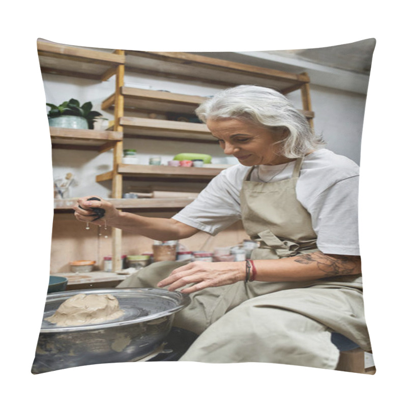 Personality  This Mature Woman Skillfully Shapes Clay On A Pottery Wheel In Her Inviting Workspace. Pillow Covers