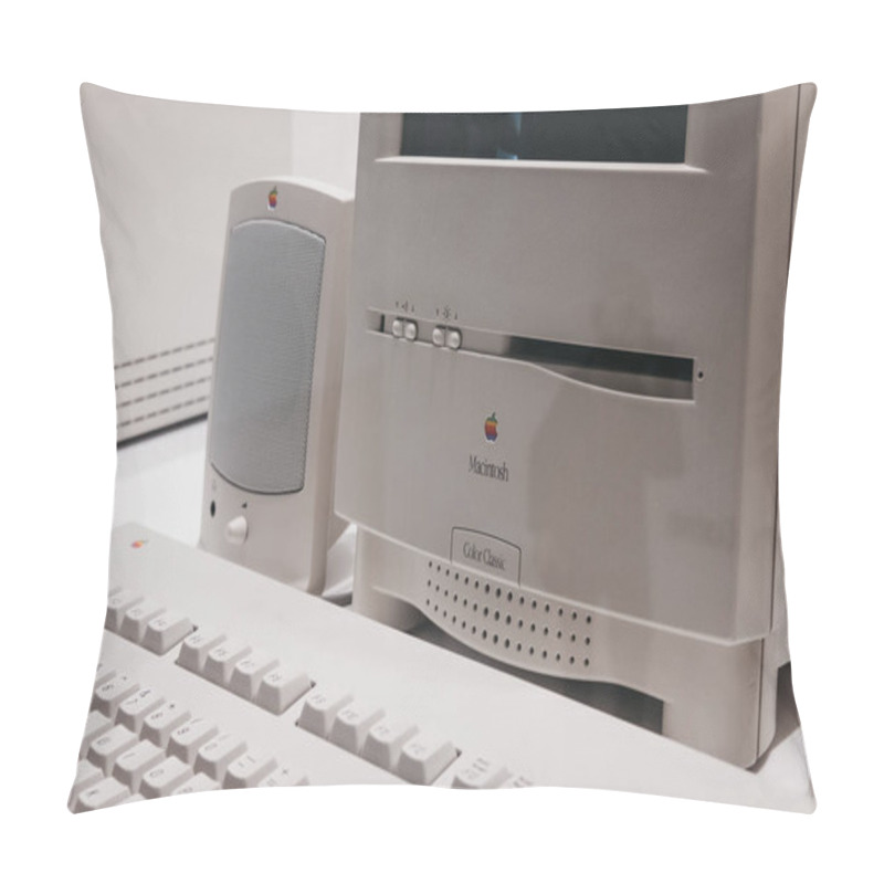 Personality  Prague, Czech Republic - August 28, 2018: Macintosh Colour Classic Computer On Display Inside Apple Museum In Prague, The Largest Private Collection Of Apple Products Around The World. Pillow Covers