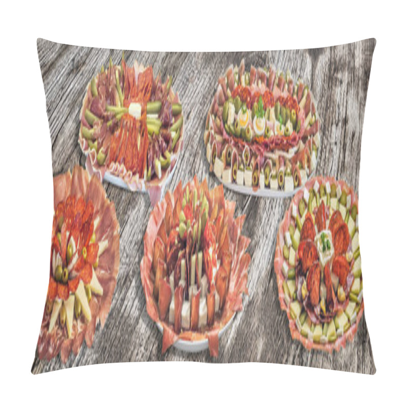 Personality  Collection Of Five Serbian Appetizers Savory Dishes Meze Set On Old Cracked Wooden Picnic Table Pillow Covers