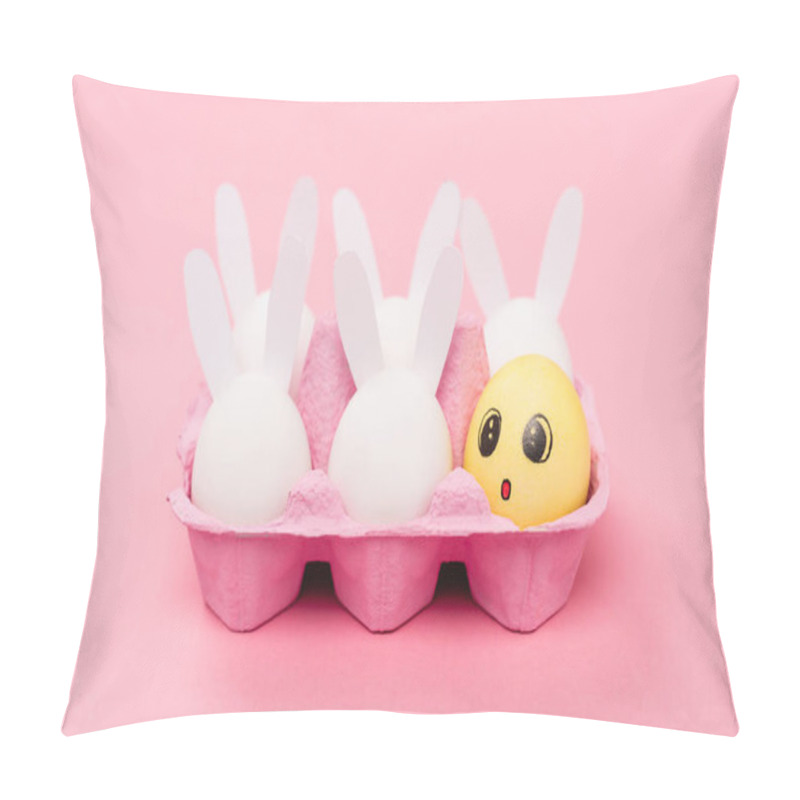 Personality  Decorative Rabbits And Yellow Egg With Shocked Facial Expression On Pink, Easter Concept Pillow Covers