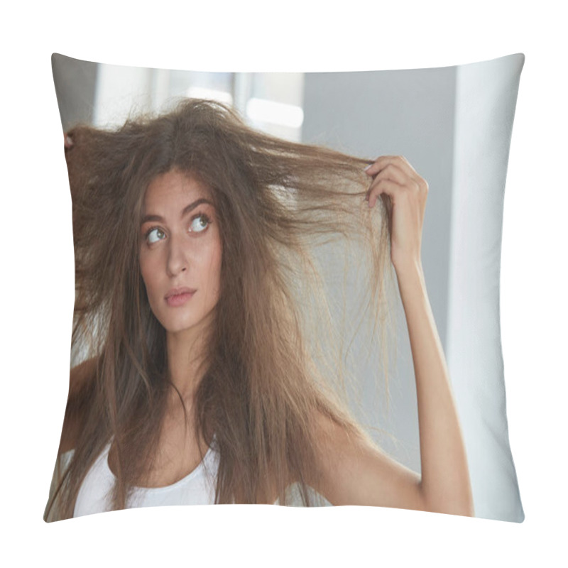 Personality  Woman With Holding Long Damaged Dry Hair. Hair Damage, Haircare. Pillow Covers