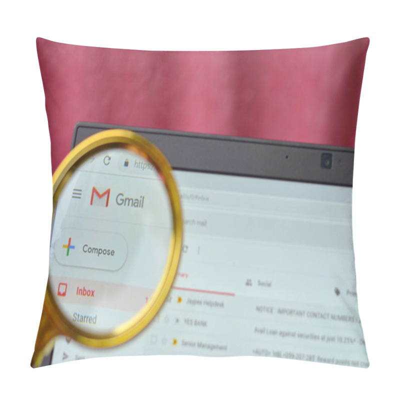 Personality  California, USA, 2020. Gmail Application Open On A Browser And Logo Seen Through A Magnifying Lens. Out Of Focus Laptop Screen Is In The Background. Concept Business Continuity - Work From Home Pillow Covers