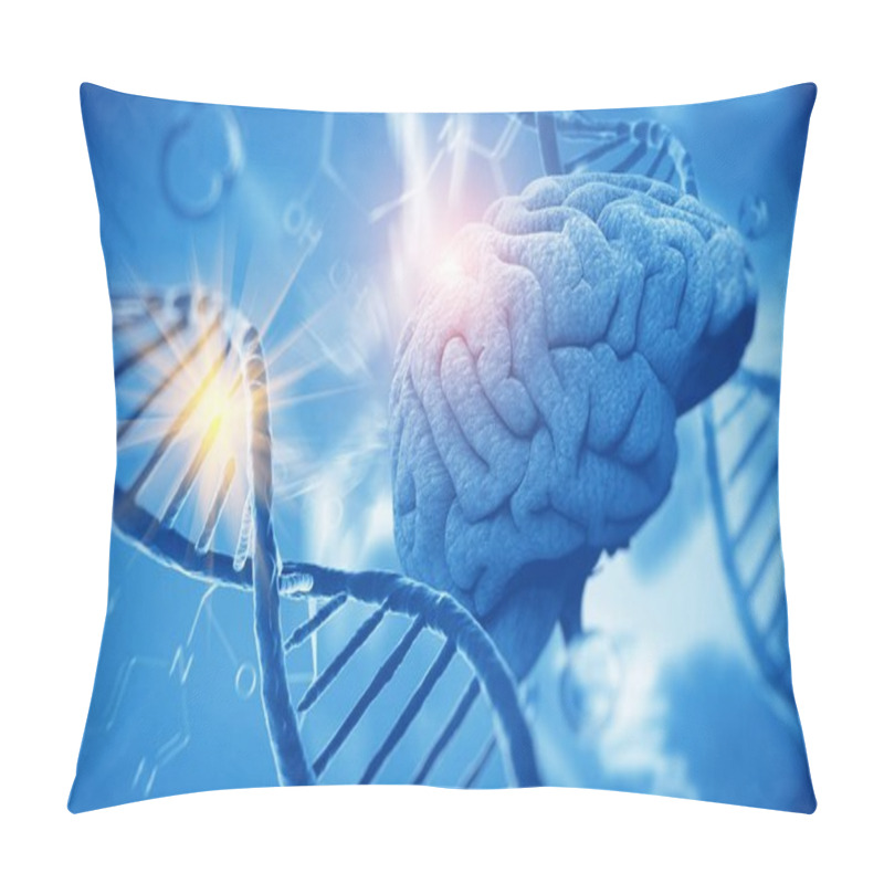 Personality  3d Render Of DNA Structure And Brain, Abstract Background Pillow Covers