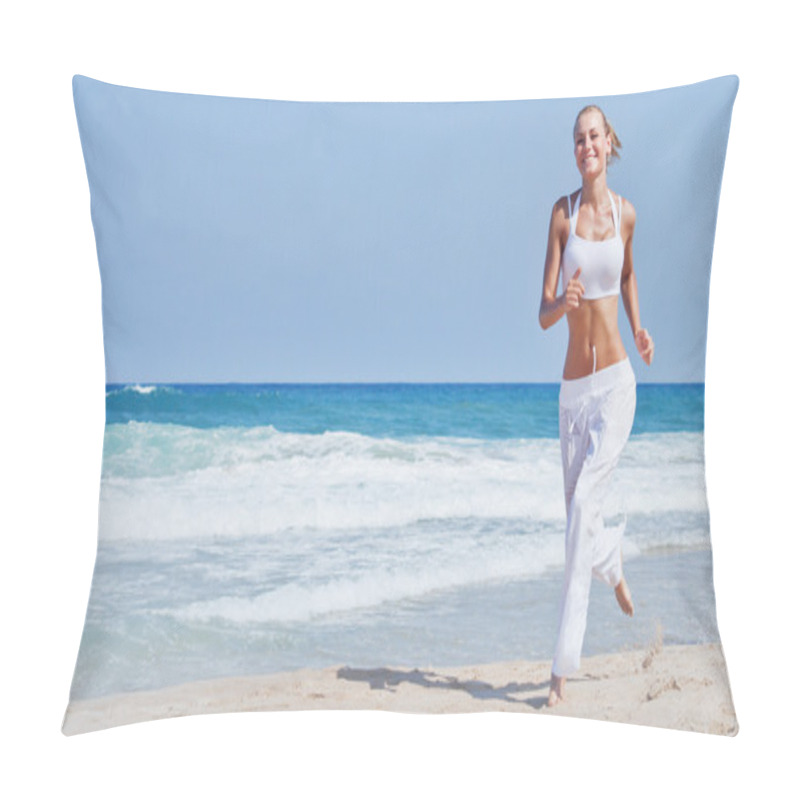 Personality  Healthy Woman Running On The Beach Pillow Covers